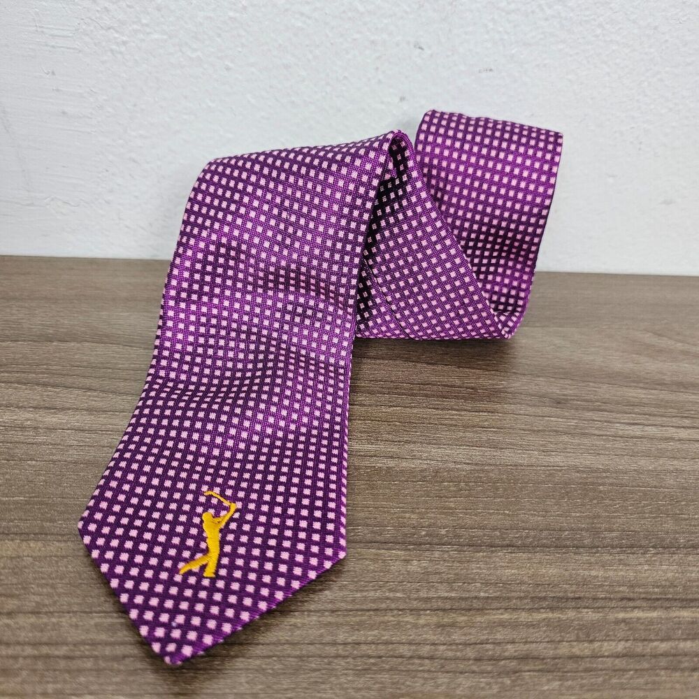 Peter Millar Big Logo Silk Necktie Purple Hand Made in Italy Purple Little Check